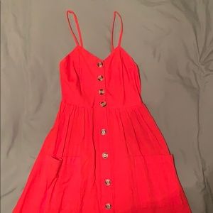 adorable red button-down, midi dress with pockets